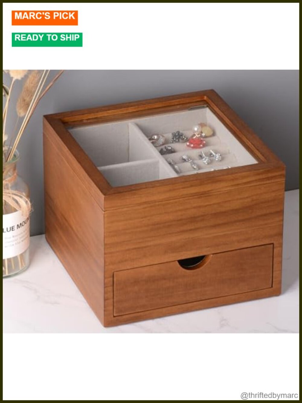 Solid Pine Wood Jewelry Box Glass Lid 2 Layer Organizer Vintage Gifts